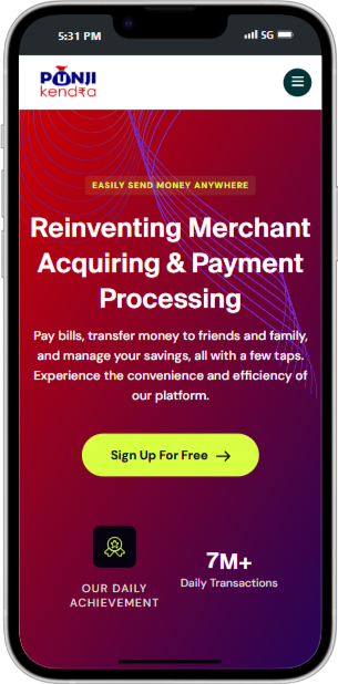 Mobile phone screen showing Punjikendra app interface with yellow header and multiple icons for payments, loans, and recharge